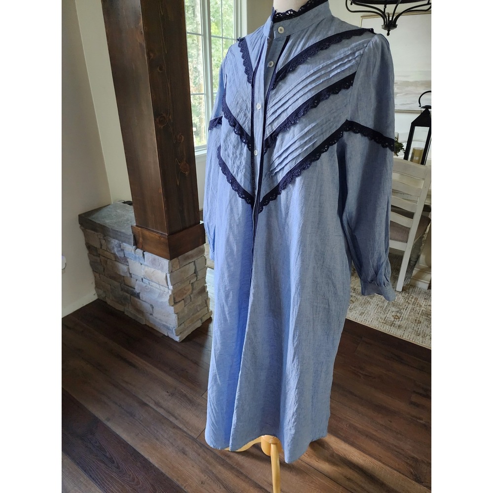 Tuckernuck Jolene Shirt Dress Blue Cotton Linen Lace Trim Pintuck Midi Dress XL - Picture 3 of 9